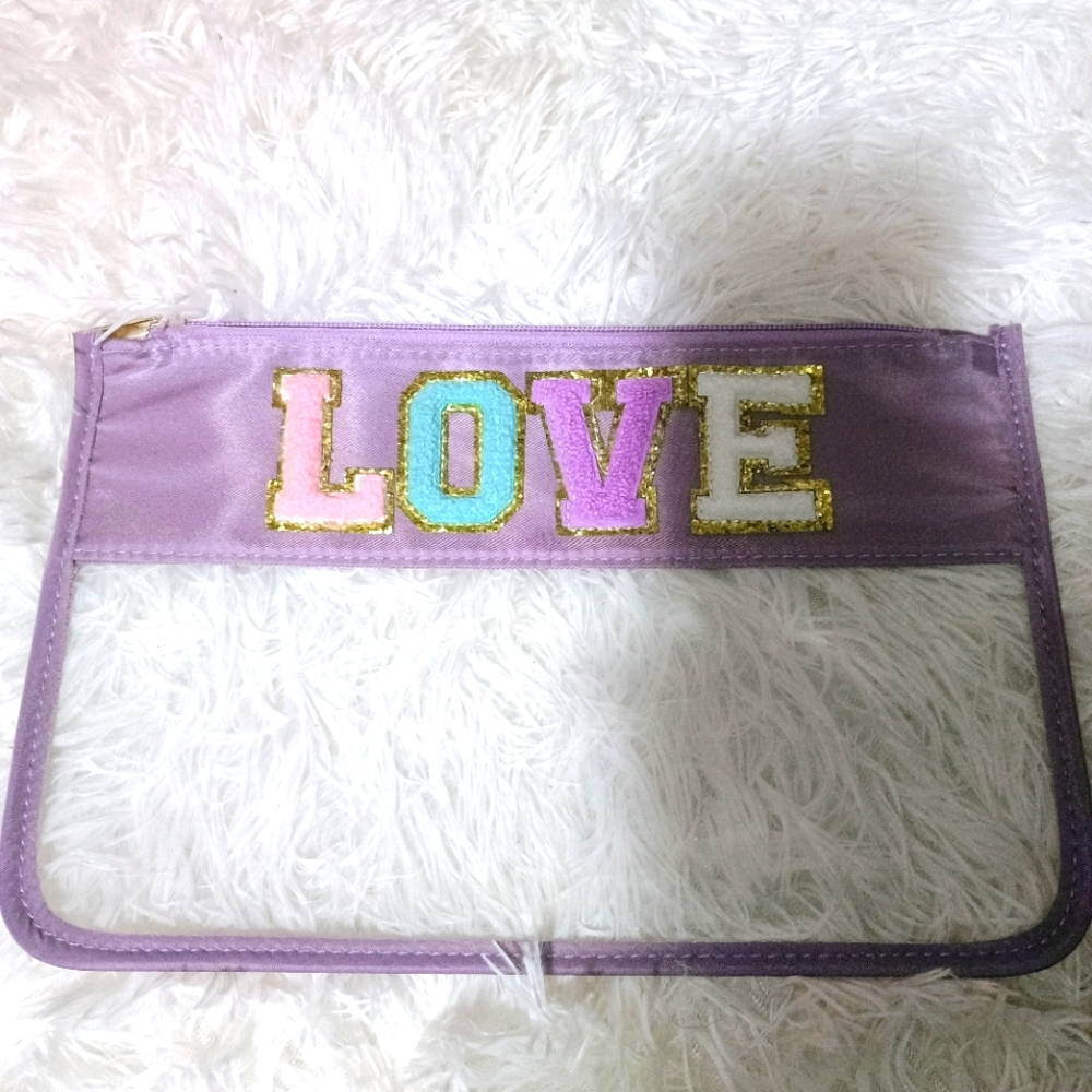 NWOT LOVE Transparent Purple Zipper Pouch